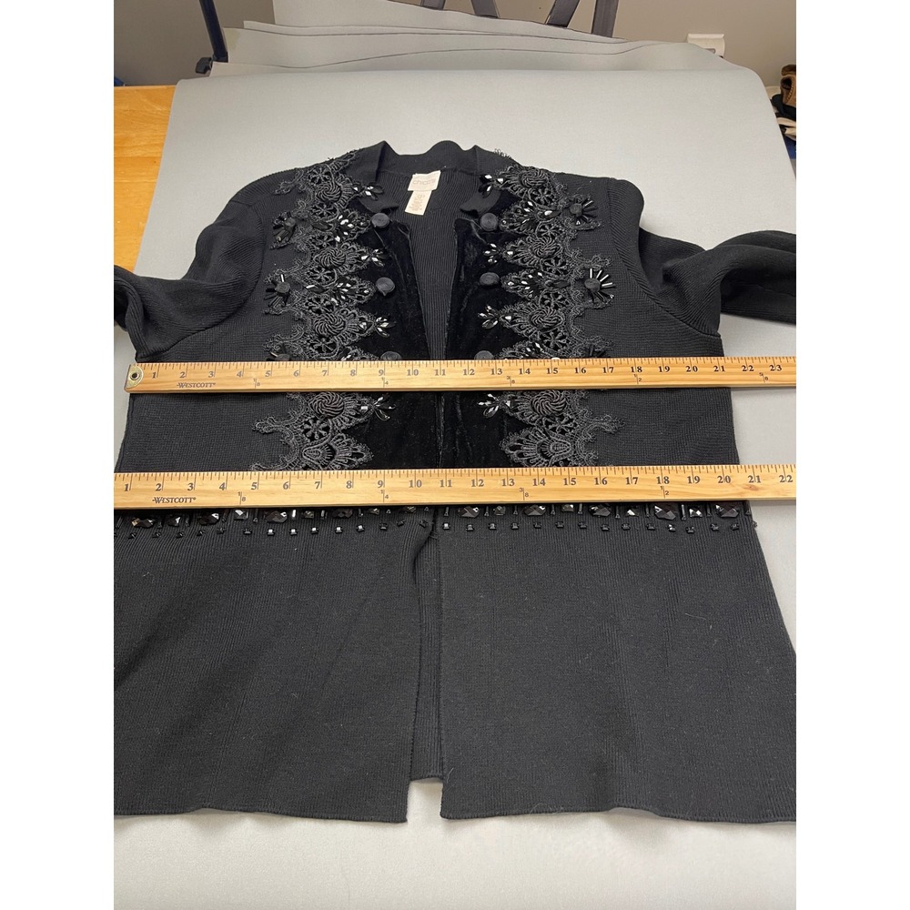 Chicos Black Beaded Lace Velvet Open Front‎ Cardigan Sweater Petite 3P - Picture 5 of 11